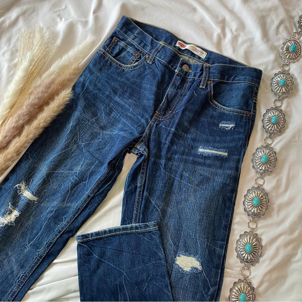 Levi's 502 Regular Taper Distressed Mom Jeans, Size 14, Dark Wash Distressed